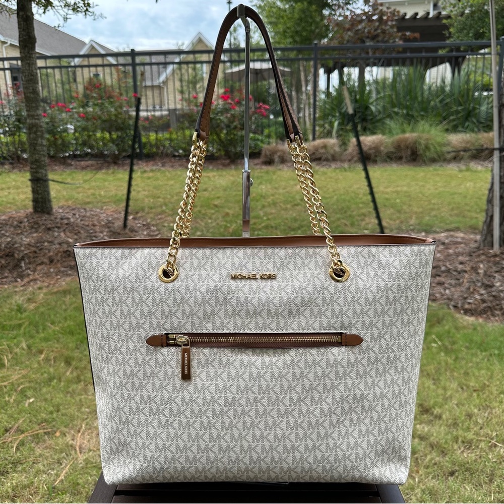 MICHAEL KORS Jet Set Item Large Front Zip Shoulder Bag Chain Tote MK signature